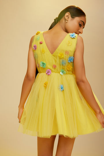 YELLOW MINI DRESS WITH EMBELLISHED FLOWERS