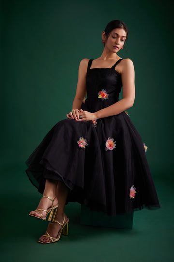 BLACK MIDI DRESS WITH EMBROIDERED FLOWERS