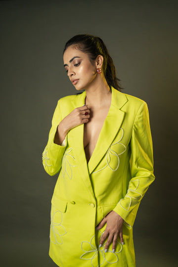 NEON YELLOW BLAZER DRESS WITH EMBELLISHED CRYSTALS